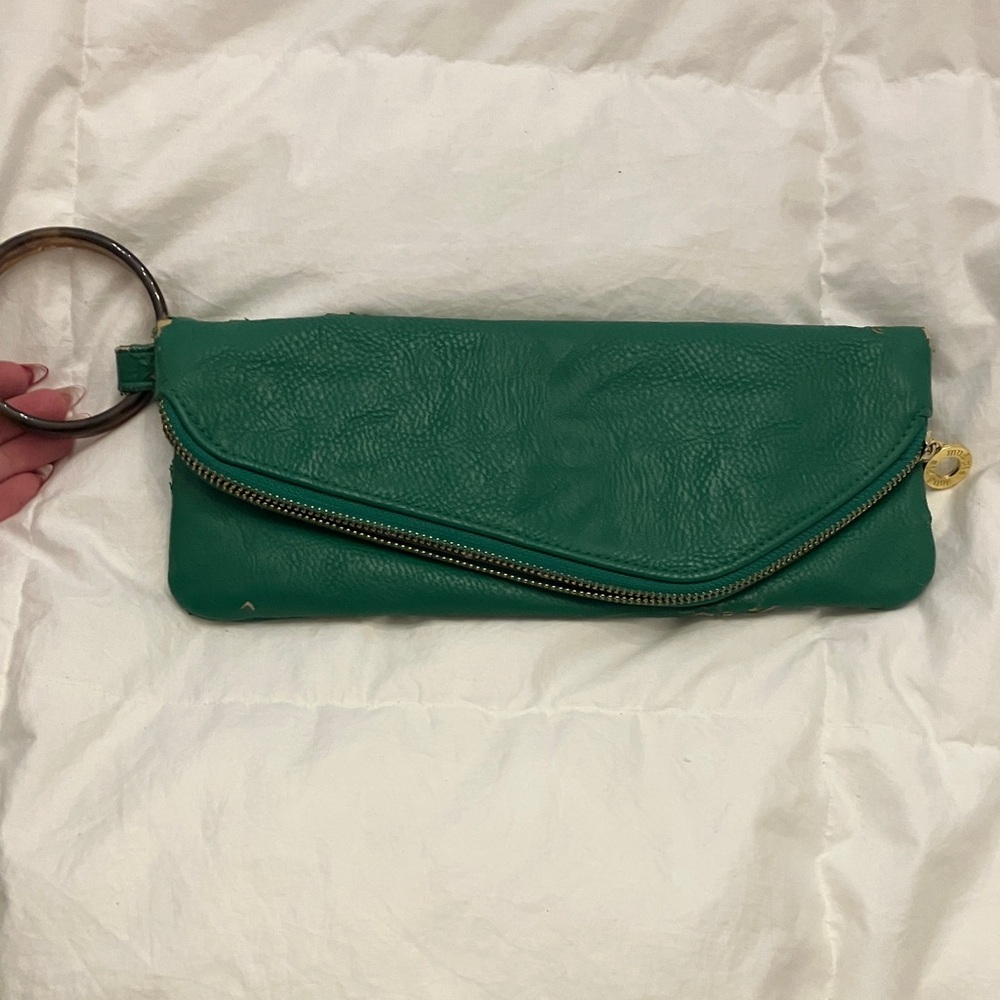 Green Leather Clutch with Ring Handle